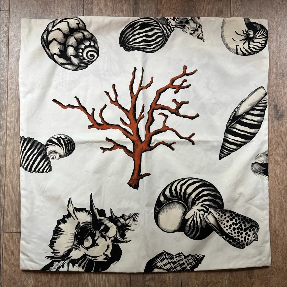 Coastal Seashell Coral Pillow Cover Modern Beach House Cotton Euro 26” Square